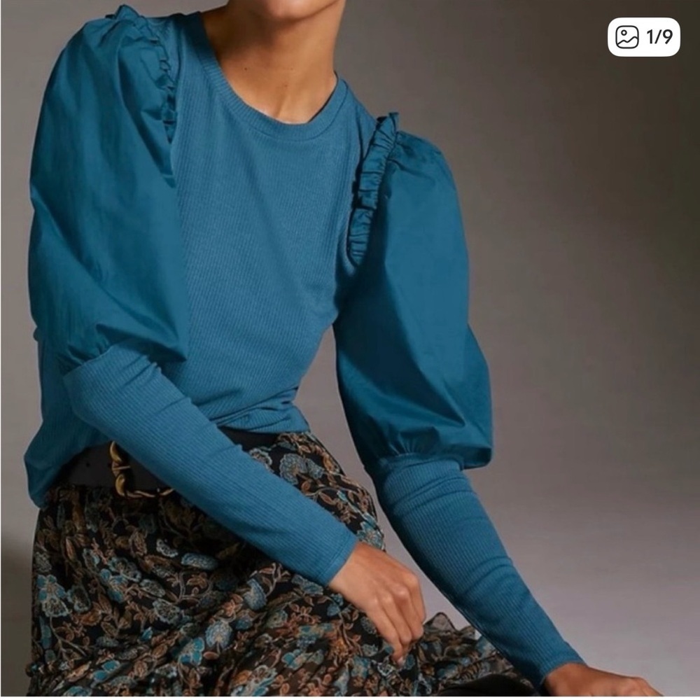 Anthropologie Sunday in Brooklyn Long Sleeve Top Puffy Sleeve Ruffled BLACK
